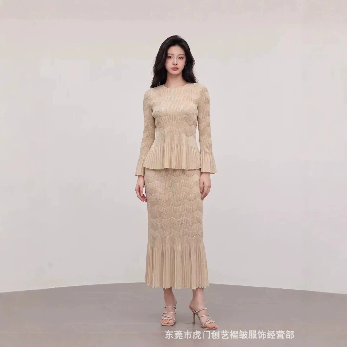 Miyake Fashion Pleated Plus-size Luxury Women.'s Clothing, Elegant Flared Sleeves, Slimming Two-piece Set For Women. Clothes