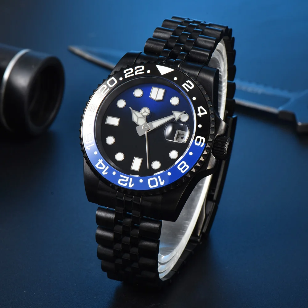 40mm Black PVD Coated Case NH35 Automatic Men's Watch Date Magnifying Luminous Sterile Dial Ceramic Bezel Business Watch