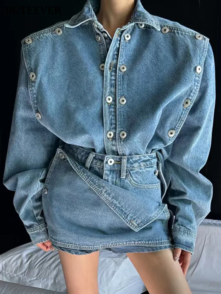 BGTEEVER Spring Fashion Ladies 2 Pieces Set Long Sleeve Double Breasted Jean Jackets & Mini Shorts Skirt Vintage Women Denim Set