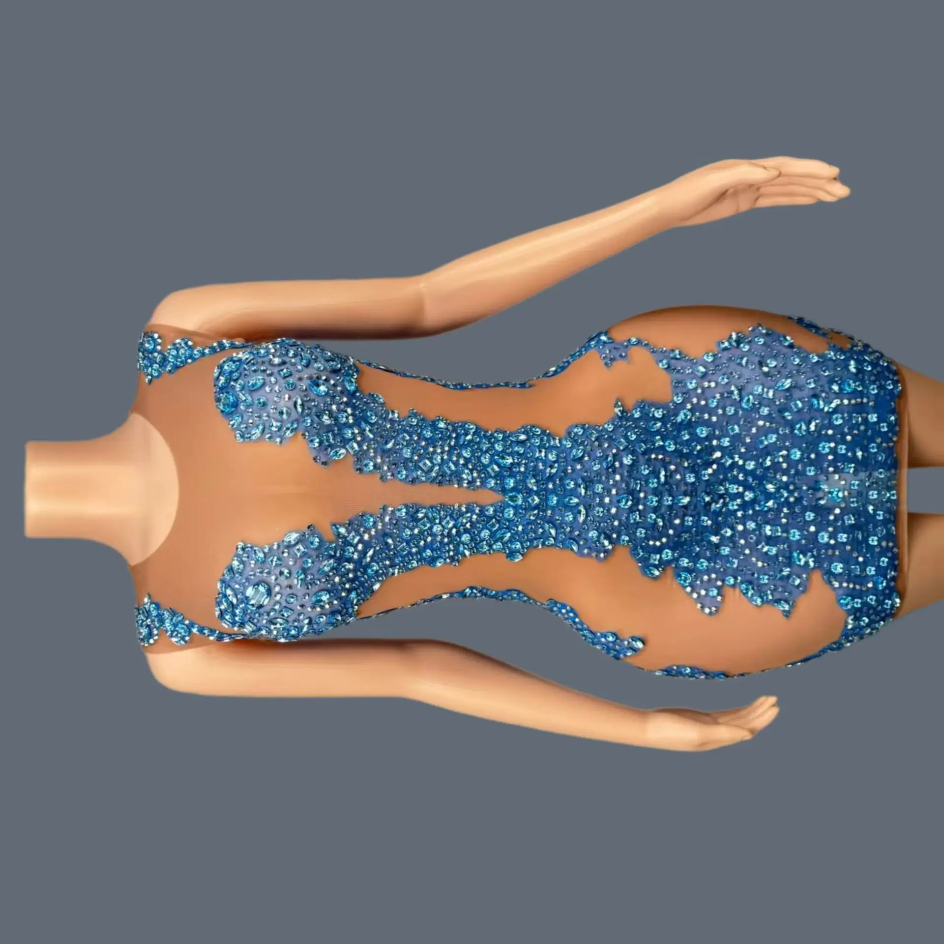 Sexy Party Outfit Sparkly Blue Pink Crystals Brown Mesh Mini Dress Sleeveless Cocktail Dress Birthday Photo Shoot Wear Shiliu