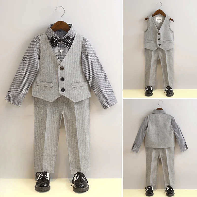 Children Concert Wear Grey Elegant Boys Wedding Suits 2 To 12 Years Youth Stage Performance Costumes Kids Birthday Party Tuxedos