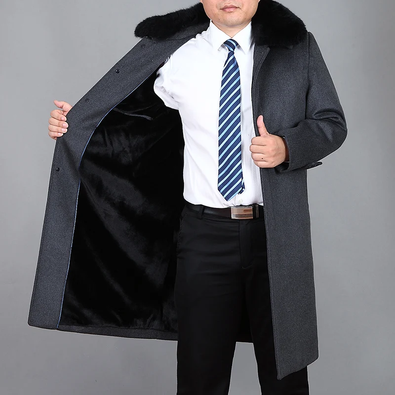 2023 New Men Wool Long Coat Winter Cashmere Overcoat Real Rabbit Fur Thick Warm Winter Coats Mens Peacoat Long Jacket Men M-4XL