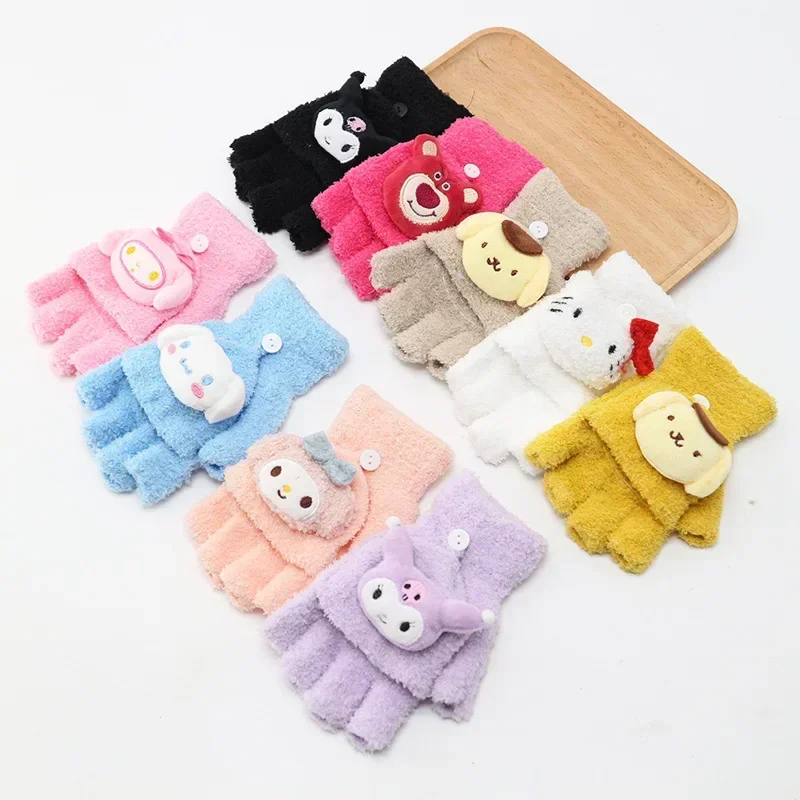 Sanrio Cinnamoroll Melody Kuromi Golves Women Kawaii Cartoon Warm Flap Open Half Finger Hello Kitty Y2k Knitted Coldproof Gloves