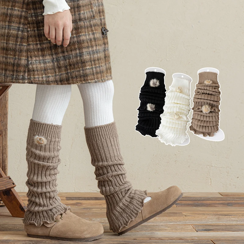 Sweet Kids Girls Knitted Sock Covers Warm Solid Tone with Pom Pom Rhinestone Rabbit Ornament Soft Breathable Elastic Sock Cuffs