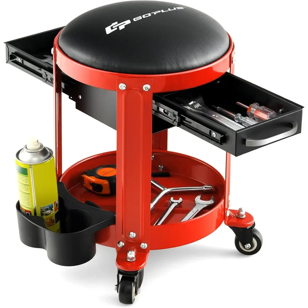 

Adjustable Rolling Workshop Stool with Cushioned Seat, Tool Tray, Can Holder, Swivel Wheels, 330 lbs Capacity, Red
