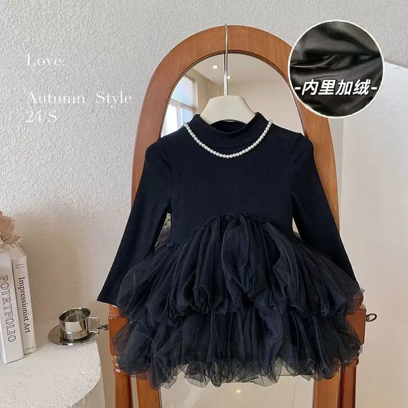Girls' dress winter 2025 new stylish baby little black dress with thick velvet and children's fluffy princess dress