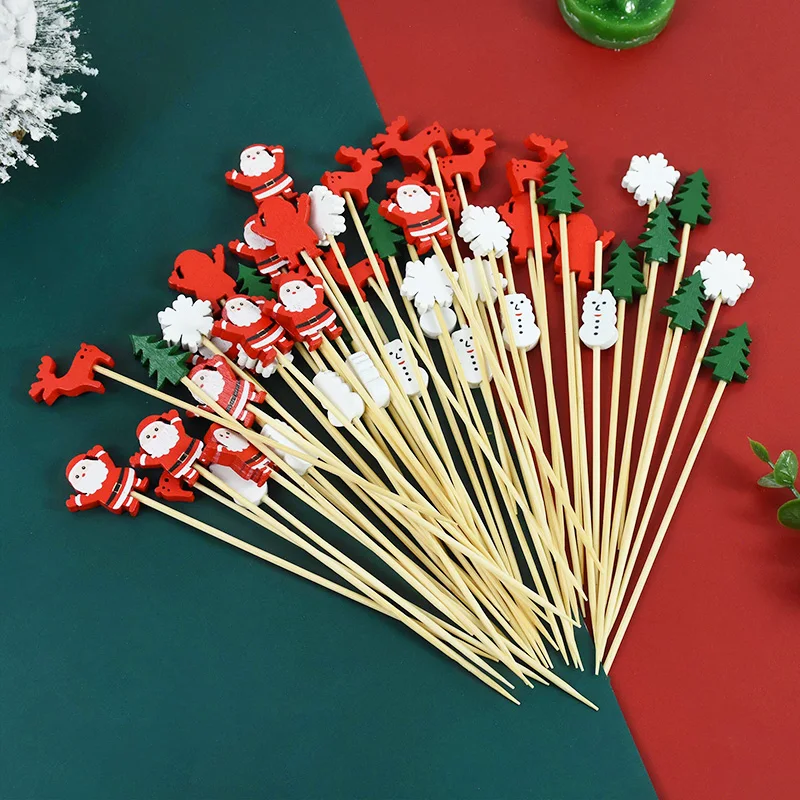 50/10pcs Christmas Bamboo Skewer Cocktail Picks Cupcake Topper Disposable Food Dessert Toothpicks 2025 New Year Supplies Navidad