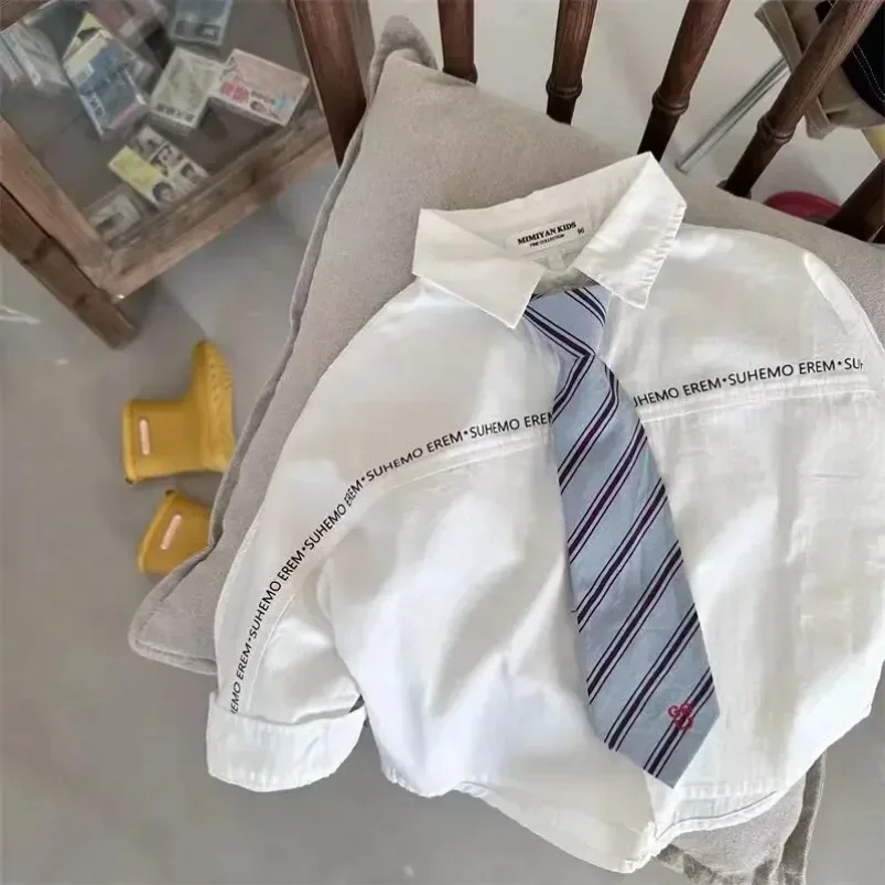 Children's Shirts New Boys And Girls Letter Tie Long Sleeve Baby Academy Style Simple White Shirt 2024 Spring And Autumn Trend