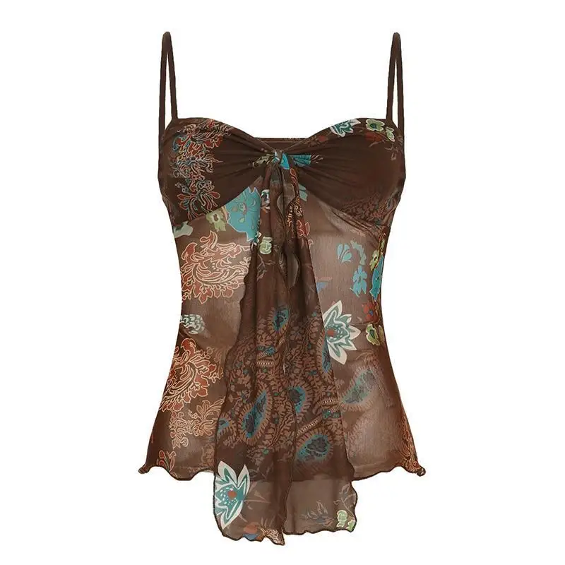 Vintage Boho Floral Mesh Cami Top Strap Slim Fit American Retro 2000s Subculture Aesthetics Layering Camisole Summer Top 2026