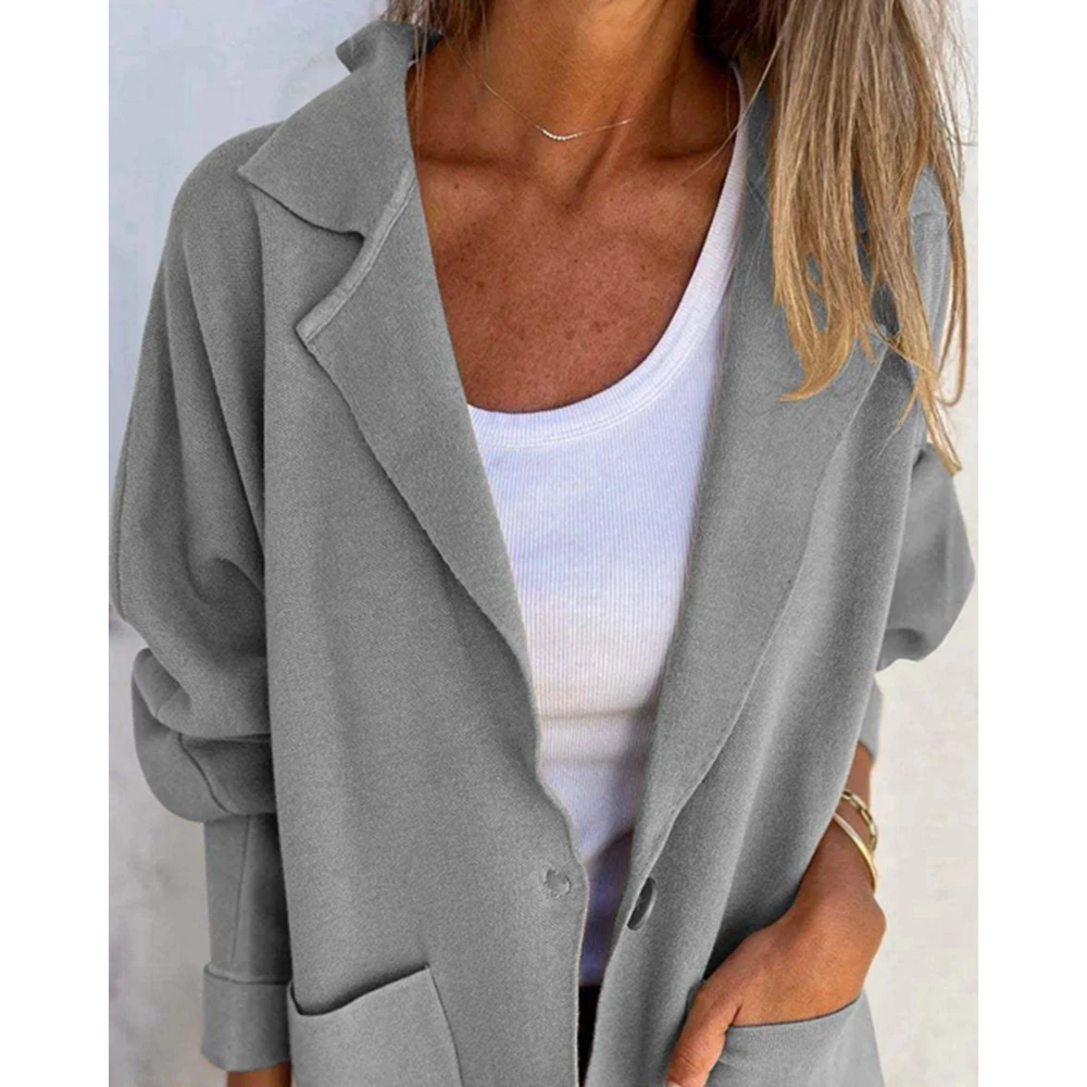 Women Pocket Design Nothched Collar Single Buttoned Blazer Jackets Femme Elegant Coats Autumn Winter easy Maching Outfits