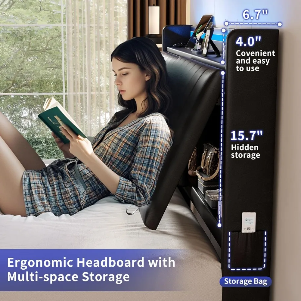 Estrutura de cama flutuante de tamanho completo com cabeceira de armazenamento oculto ergonômico e luzes LED, estrutura de cama LED flutuante visual com carregamento