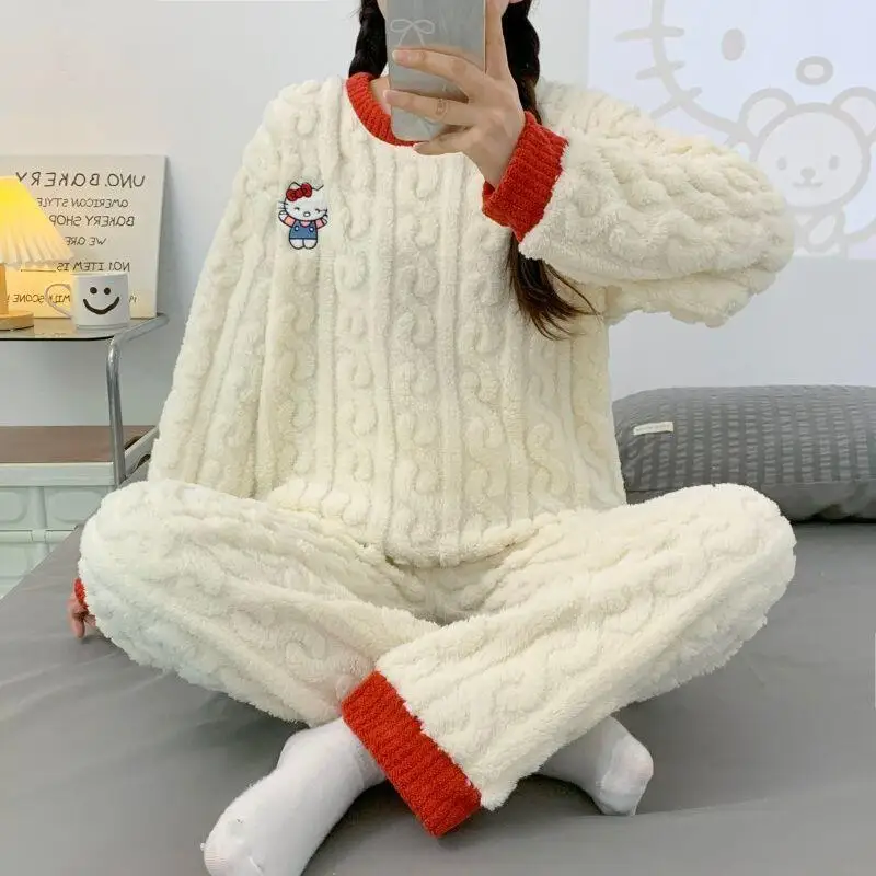 

Sanrio Hello Kitty Winter Pajamas Set Kawaii Cartoon Women's Warm Sleepwear Long Sleeve Pants Nightwear Flannel Home Clothes New