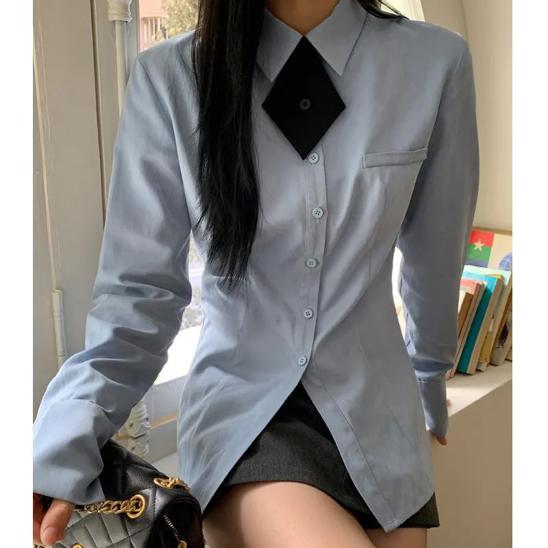 Deeptown Preppy Style Blue Shirts Women Korean Style Blouses with Tie Casual Long Sleeve Slim Cute Tops Basic Japanese Fashion