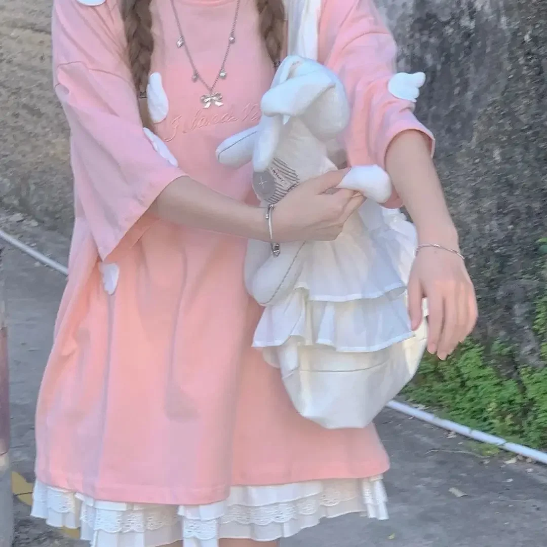 日本のツーピースの女性用スーツ,用途の広いTシャツとミニスカート,柔らかくてかわいい,ピンクの学生服,夏,新品