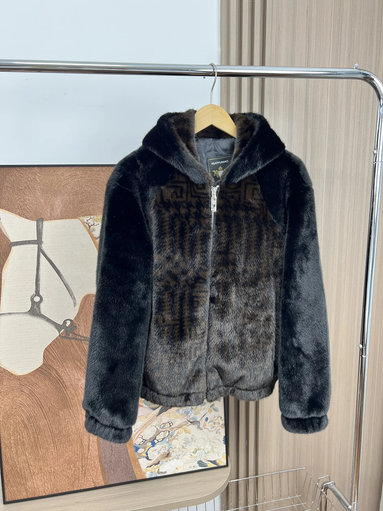 

Smooth Oil-iny Men's Faion Casual Rabbit Fur Jaet Coat Autumn Winter Loose Fit Elastic Fabric Long Sve Zipper