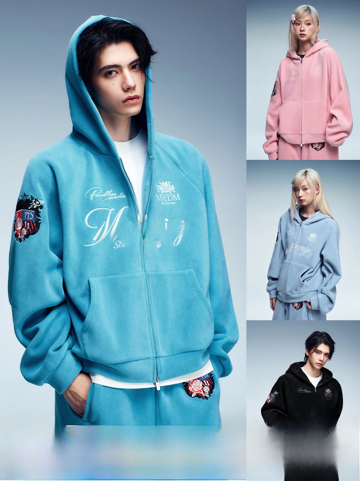Moletom com Capuz Leve de Fleece Medm com Zíper e Bordado Multicolorido, Jaqueta Casual com Capuz para Homens e Mulheres