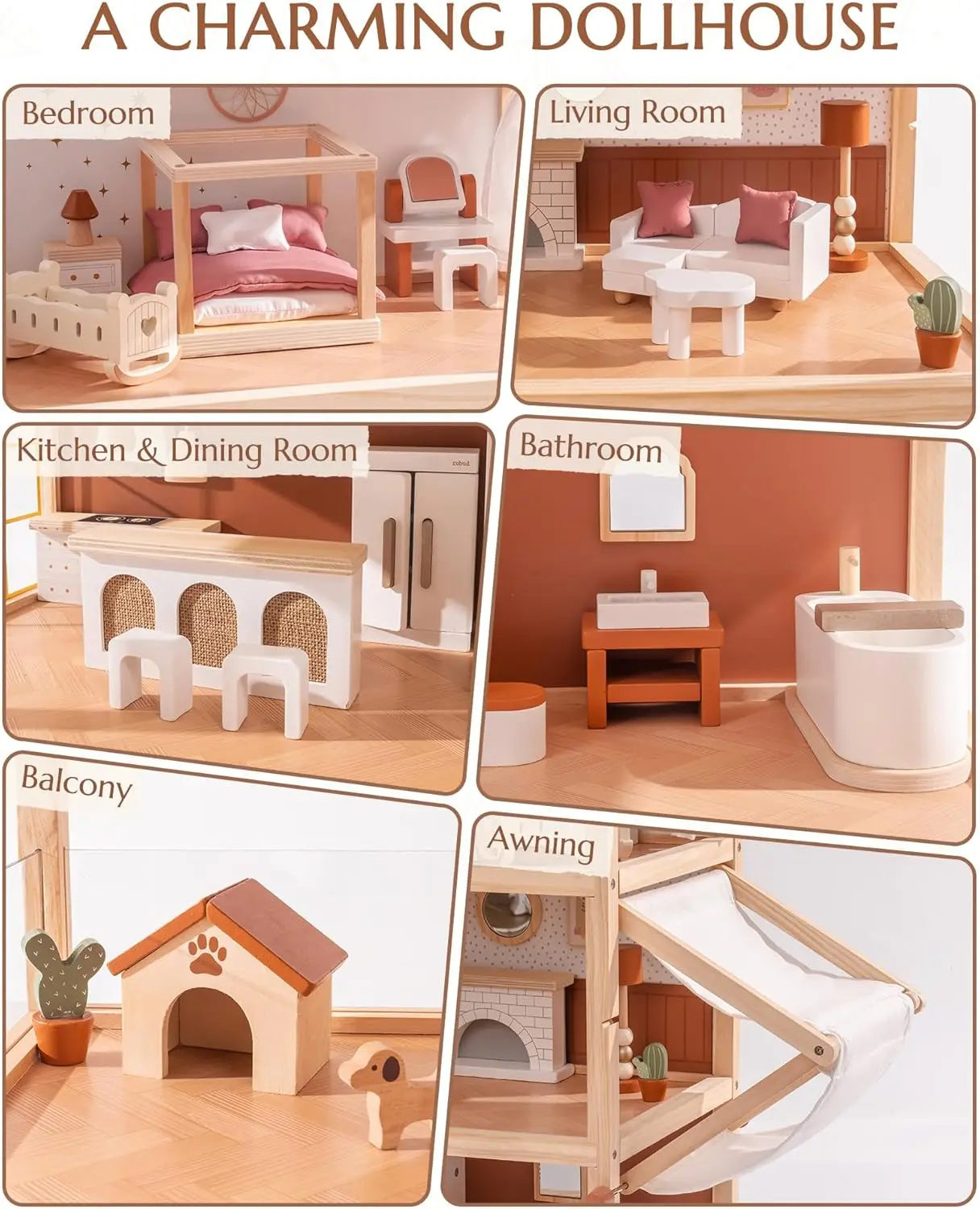 Robotime Robud Doll House Maison de poupée bohème en bois avec un design réaliste comprend 37 pièces de meubles et d'accessoires pour enfants
