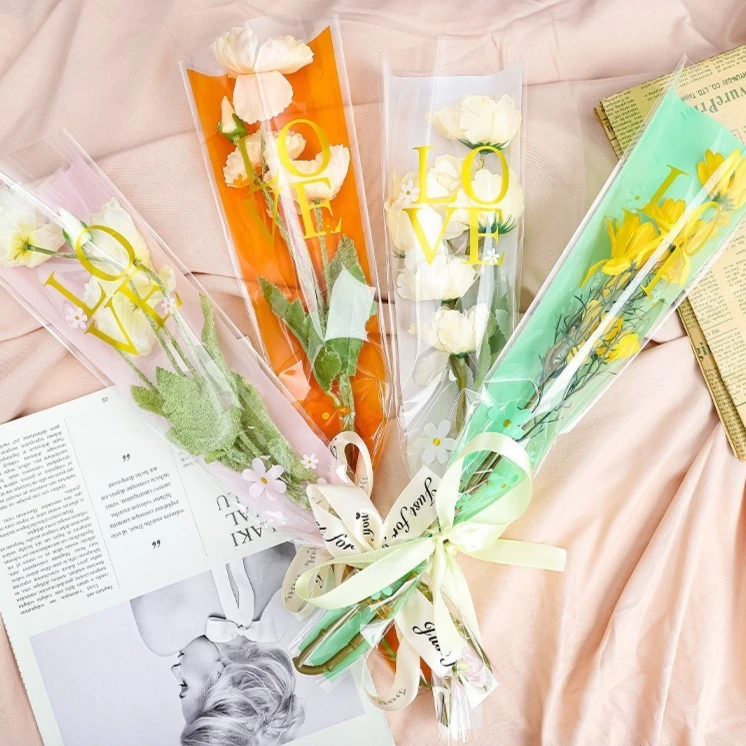 

100 шт. прозрачных упаковочных пакетов с принтом LOVE, однотонные, для цветочных магазинов, ручной работы, для декоративной упаковки букетов, пластиковые пакеты