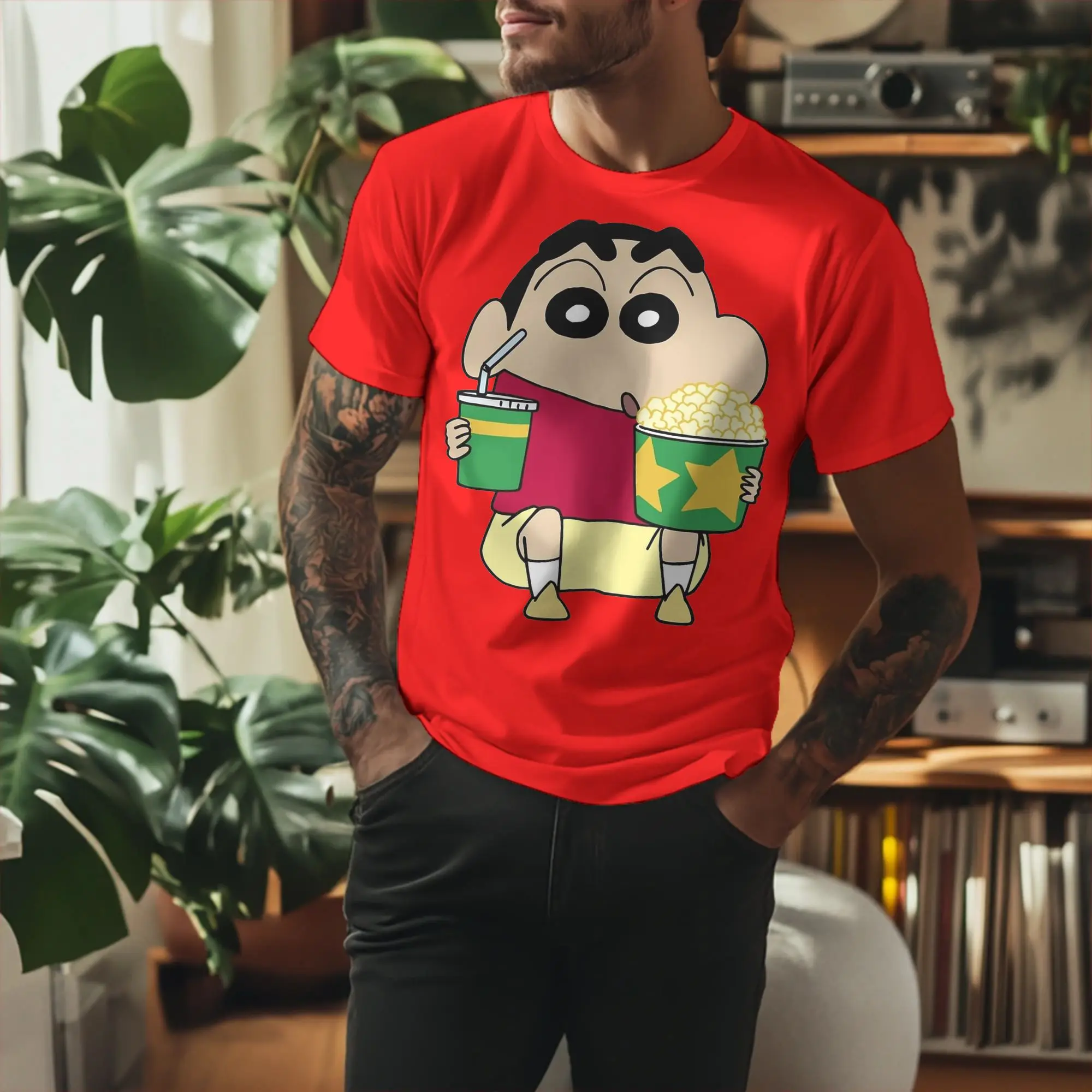 Funny Crayon Shin-chan T-Shirt Unisex Round Neck Short Sleeve Clothing Cute Anime Cotton Summer Top Tee