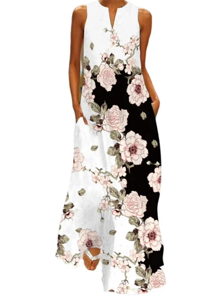 2025 Fresh Flower Fashion Sexy V-neck Ankle-length Dress Elegant Fashion Floral Print Long Dress Cocktail Dinner Long Dress Robe