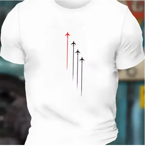 Men's Summer Cotton Fashion Casual Loose Large Size Geometric Airplane Pattern Printed Round Neck Short Sleeve T-shirt Top Soft.