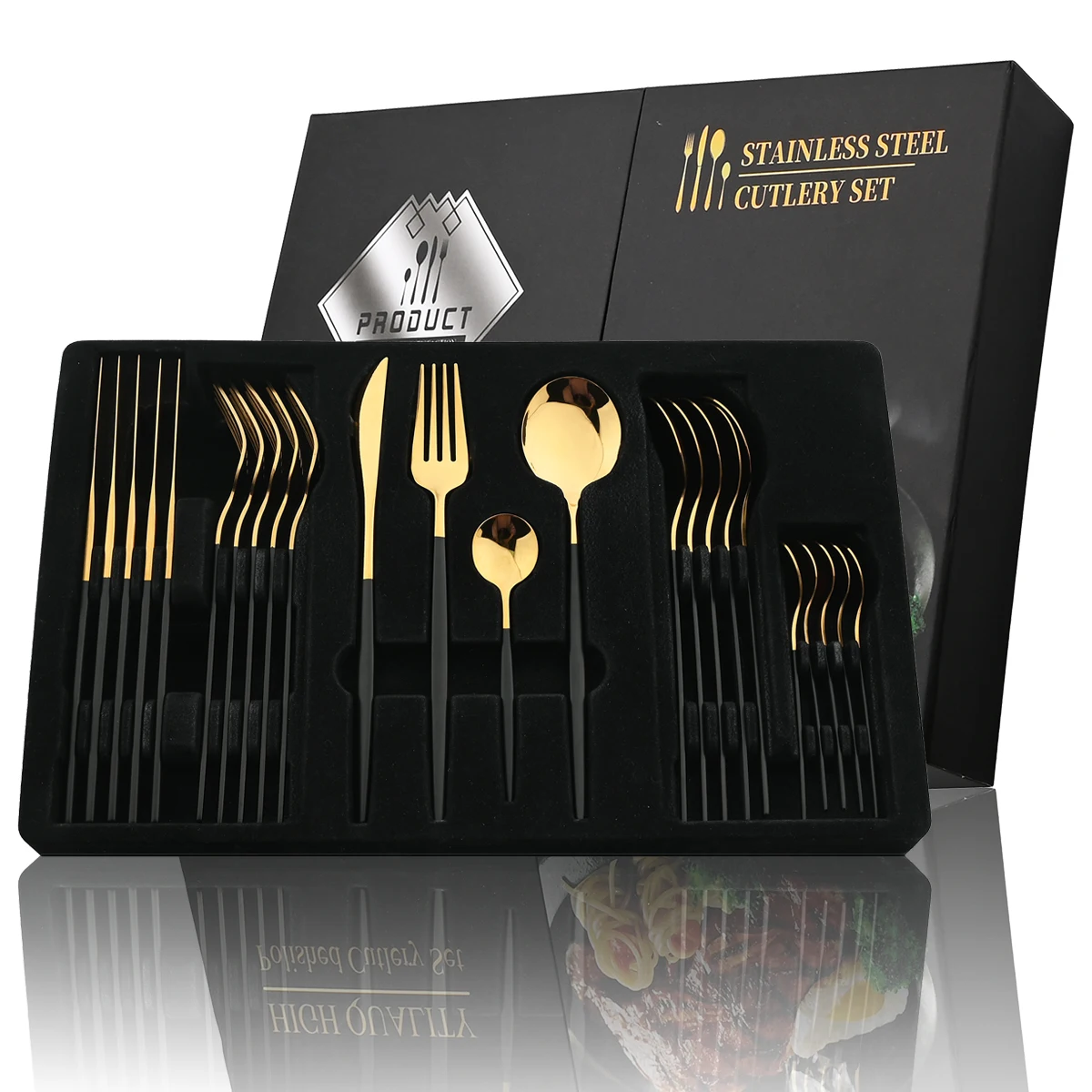 Aço inoxidável Golden Talheres Set, Faca, Garfo, Colher, Talheres, Talheres, Festival Cozinha, Louça, Presente, Punho Preto, 24pcs