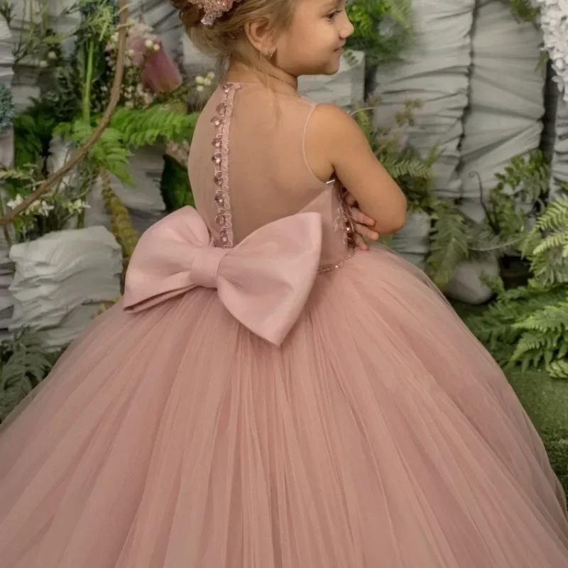 Blush Flower Girl Dress Tulle Puffy Appliques With Bow Sleeveless Baby Girl Birthday Party Wedding First Communion Holiday Gown