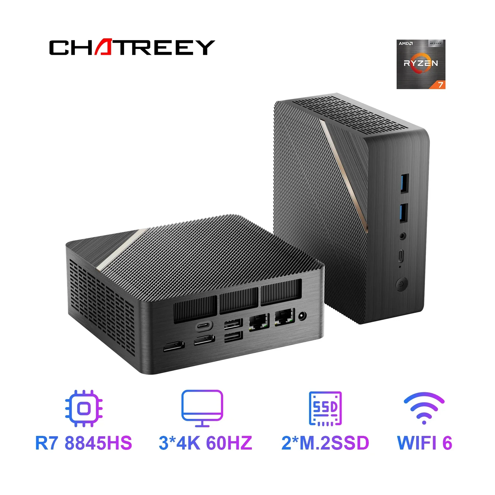 

Chatreey AN4 Mini PC R7 8845HS 780M Gaming Desktop Computer with WiFi 6/Bluetooth 5.2/HDMI/USB 4.0