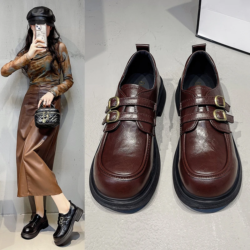 

2025 г., женская универсальная обувь на плоской подошве в британском стиле, универсальная обувь на толстой подошве, весна-лето, новый стиль, кожаная дышащая обувь с верхом