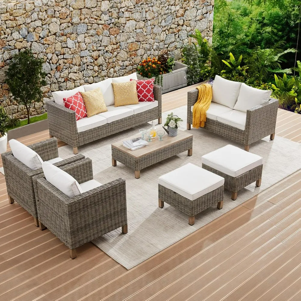 7 Pieces Sectional Sofa with Metal Top Coffee Table, Hand Woven Wicker Rattan Conversation Set, Outdoor Furniture for Poolside,