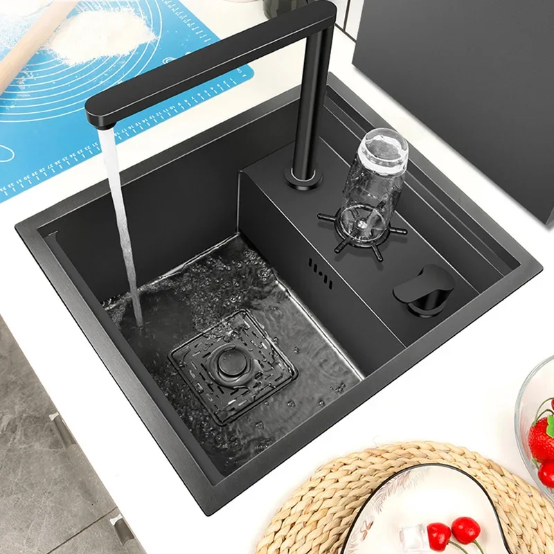 304 Stainless Steel Hidden Island Sink Rice Grain Embossing Prevent Scratches Handmade Single Cup Rinser Black kitchen Sinks