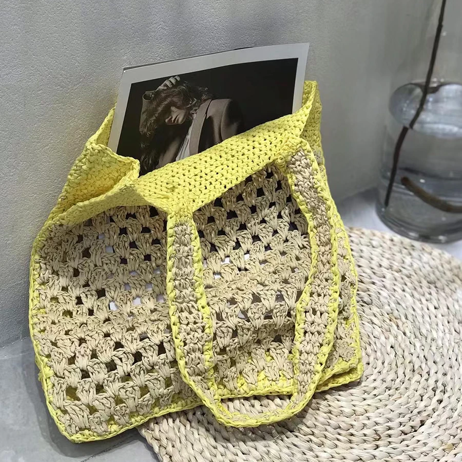 Hollow Female Basket Bags Country Style Straw Handbags for Women 2022 Fashion Beach Underarm Bags Stitching Color Shoulder Bag