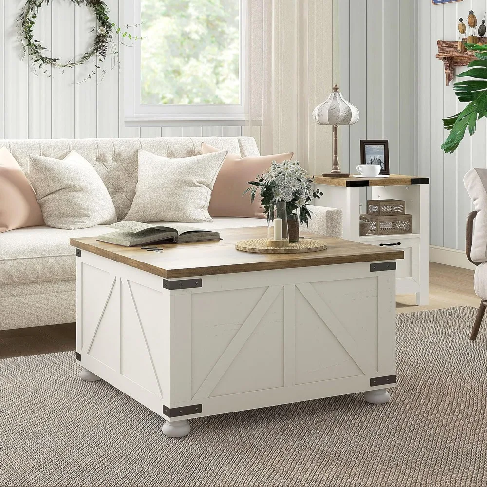 طاولة قهوة HOMCOM Farmhouse، طاولة قهوة مربعة 31.5 مع مساحة تخزين، طاولة مركزية لغرفة المعيشة مع سطح رفع مفصلي و Hid