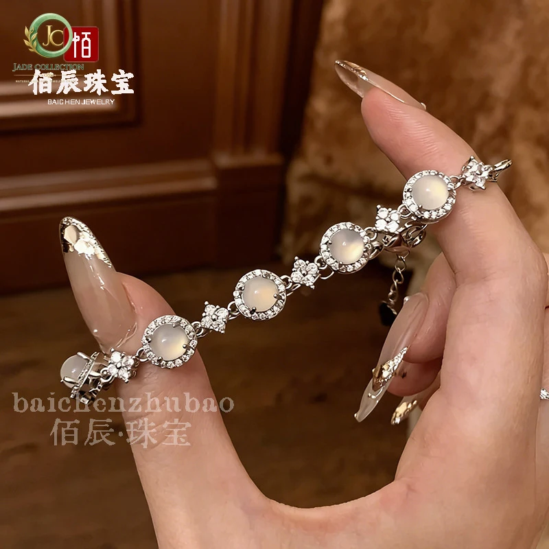 Ice Green Chalcedony Sunflower Pendant Bracelet, Silver-Plated Copper, Fully Inlaid with Diamonds and Agate, New Chinese Style E