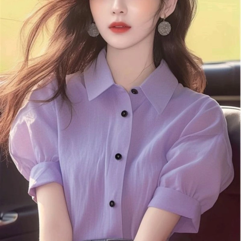 

Fashion Unique Tops for Summer Women's Clothing 2024 New Small Shirt, Lilac Polo Collar Puff Short-sleeved Shirt