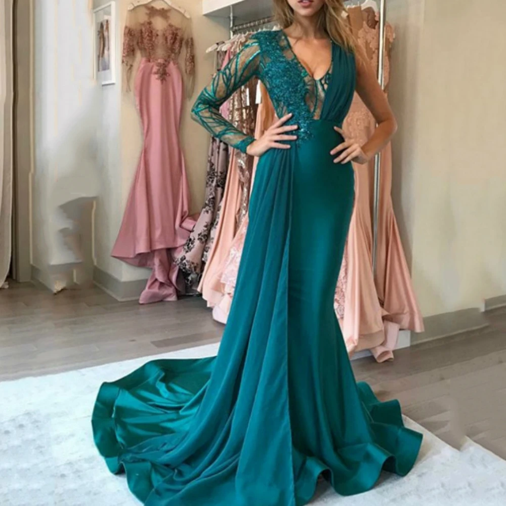 

Prom Dress For Women Special Floor Length Mermaid Evening Gowns Illusion Single Sleeve Party Dresses فساتين السهرة