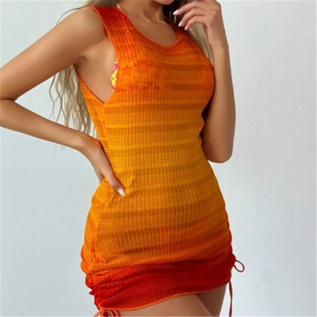 Farbverlauf, ärmelloses, gehäkeltes, gestricktes Tunika-Strandkleid, Strandkleid, Strandmode, Damenmode, V7999 – Detail 3