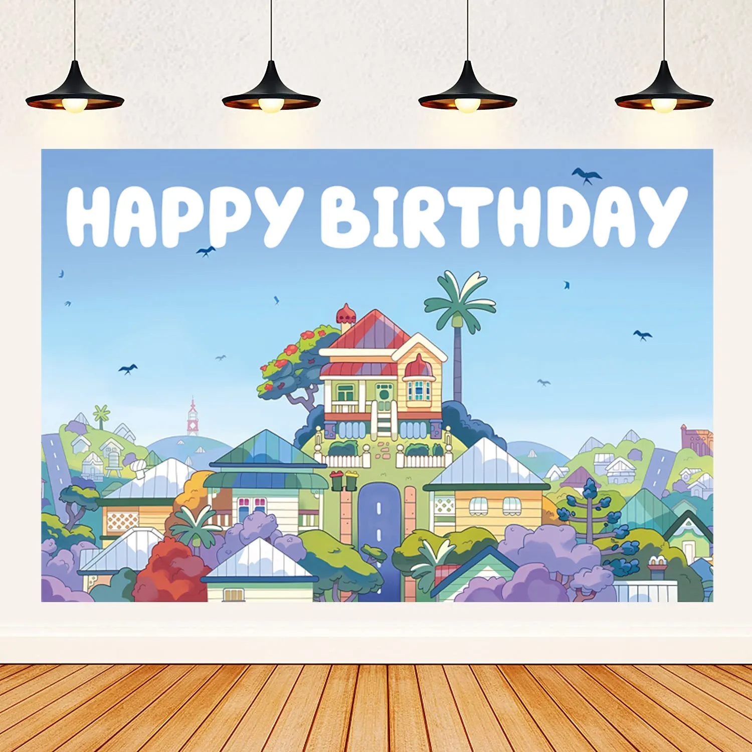 Blue Dog Theme Backdrop Cartoon Sky Building Background Banner for Boy Girls Birthday