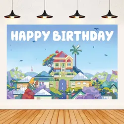 Blue Dog Theme Backdrop Cartoon Sky Building Background Banner for Boy Girls Birthday