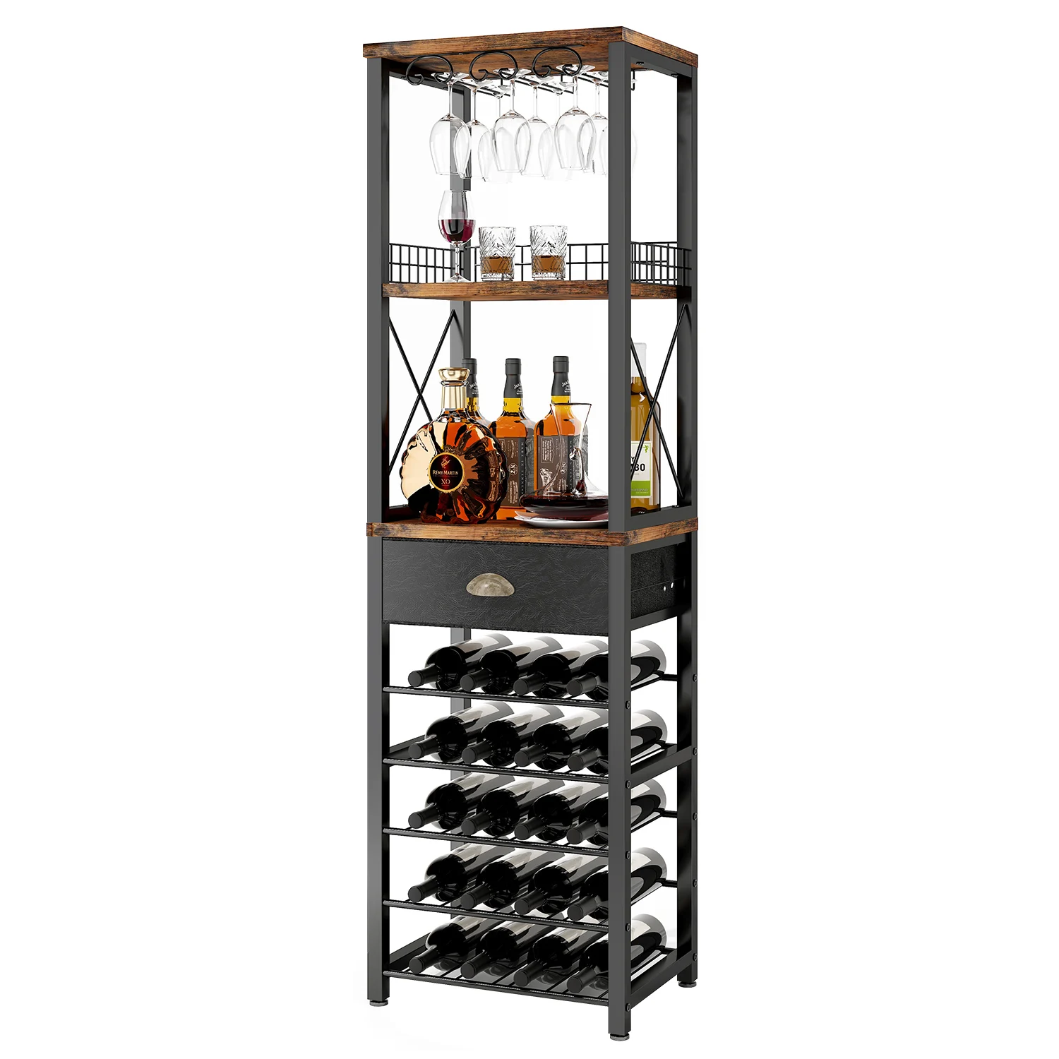 

4-Tier Freestanding Wine Rack And Bar Cabinet Rectangle Shape With Glass Holder For Home Bar And Liquor Storage