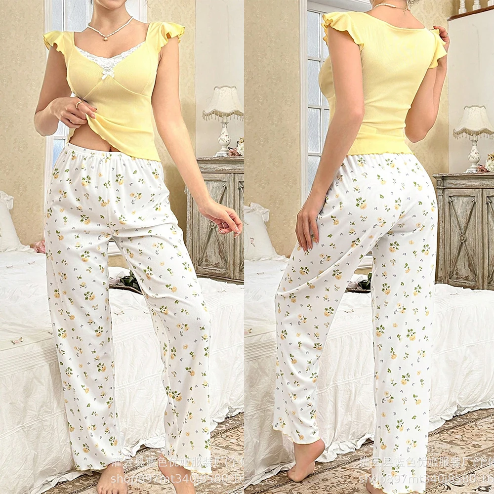 

Summer Women's Pajama Set Featuring Floral Prints On Long Pants With Ruffle Details, Comfortable And Breathable For Loungewear