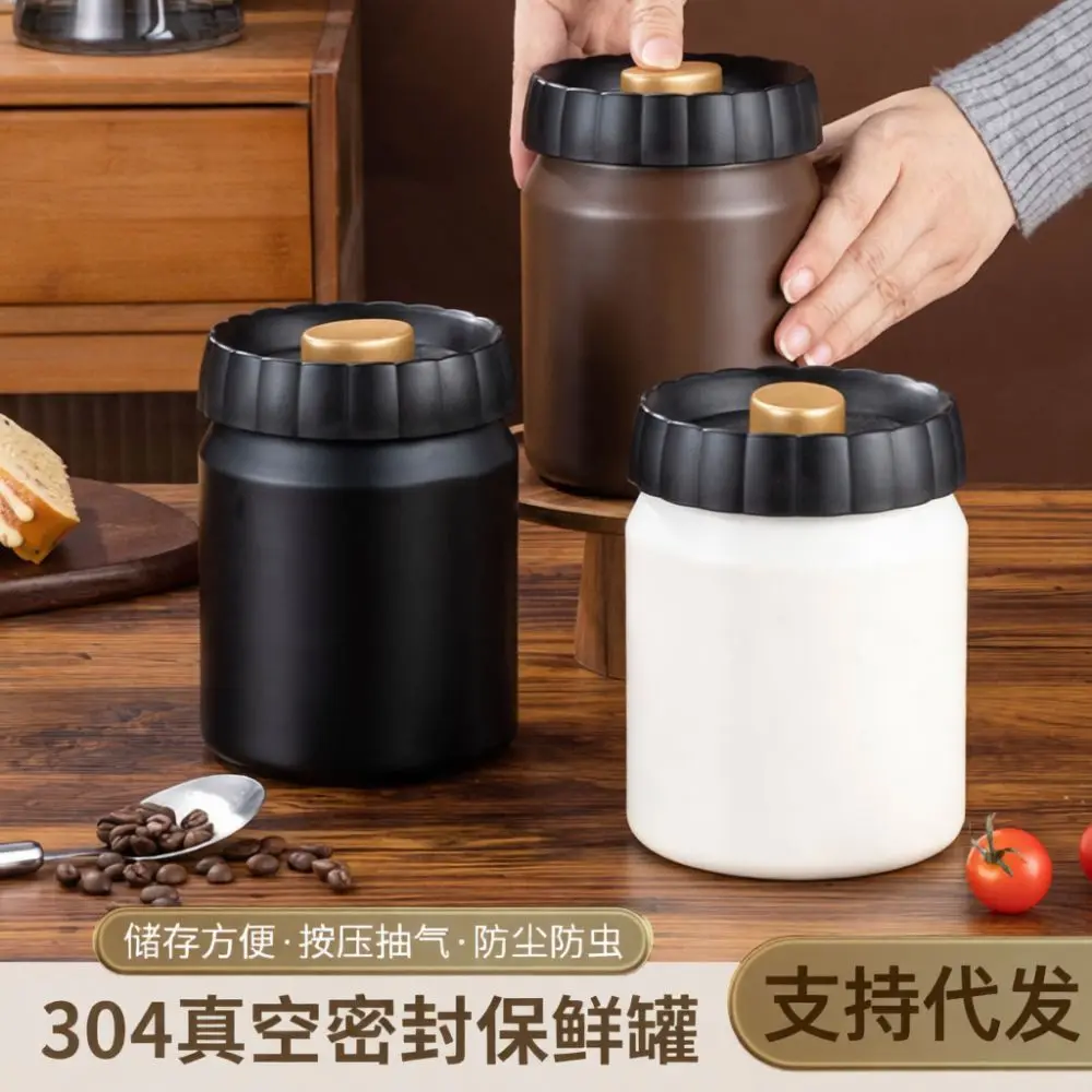 Vacuum Sealed Coffee Bean Storage Canister 304 Stainless Steel Food Container Herb Tea Nut Fresh Keeping Jar Kitchen Organizer