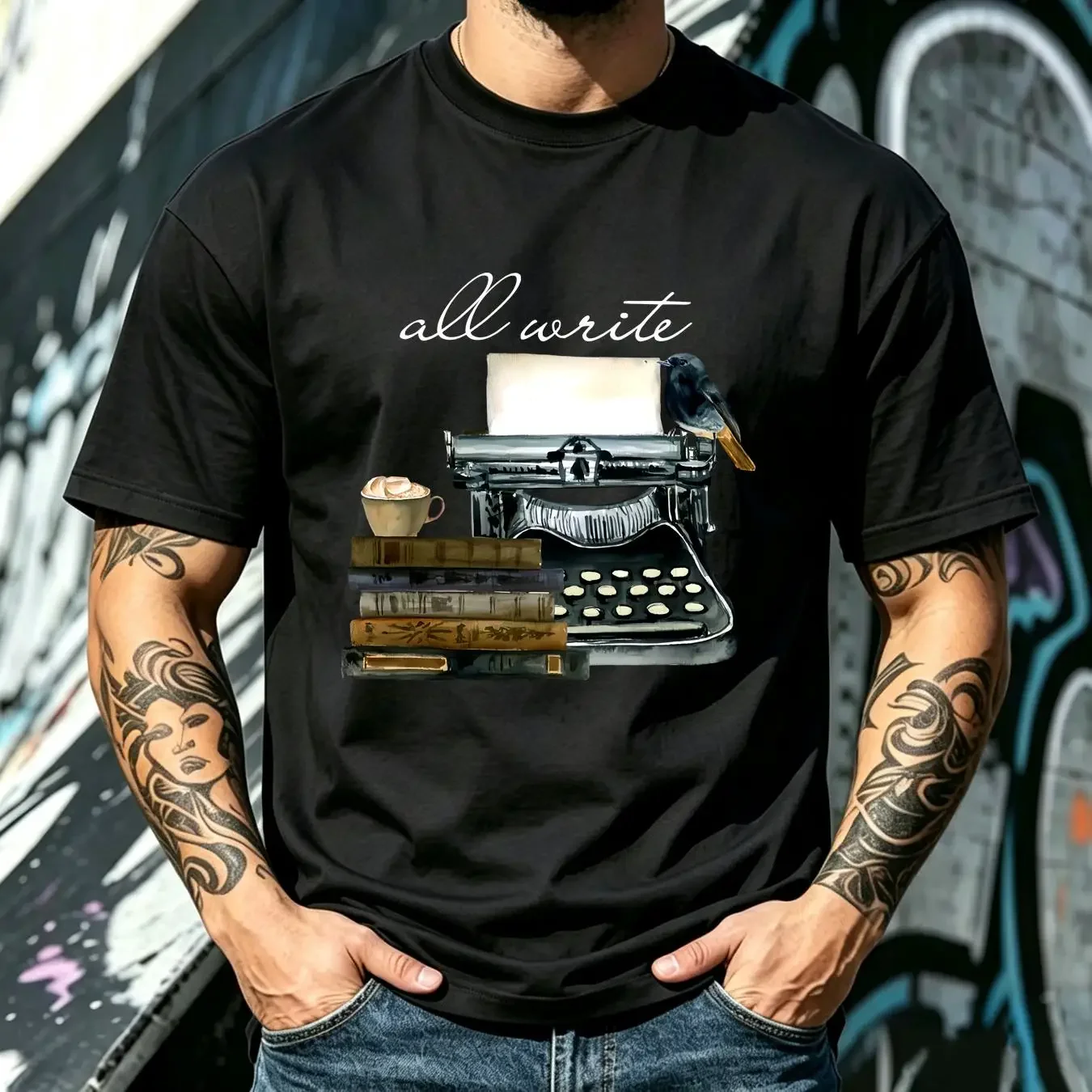 washed T Shirt All Write Vintage Typewriter Writing Books Novel Retro NovelisT Hobbyist long or short sleeves vintage Washed