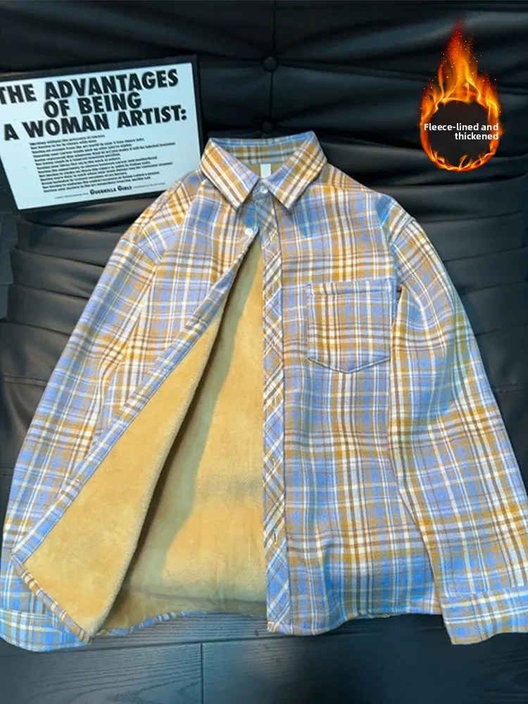 

Thickened Fleece Lined Plaid Shirt Men's Winter Warm Long Sleeve American Retro Style Standard Fit Flannel Outerwear Coat