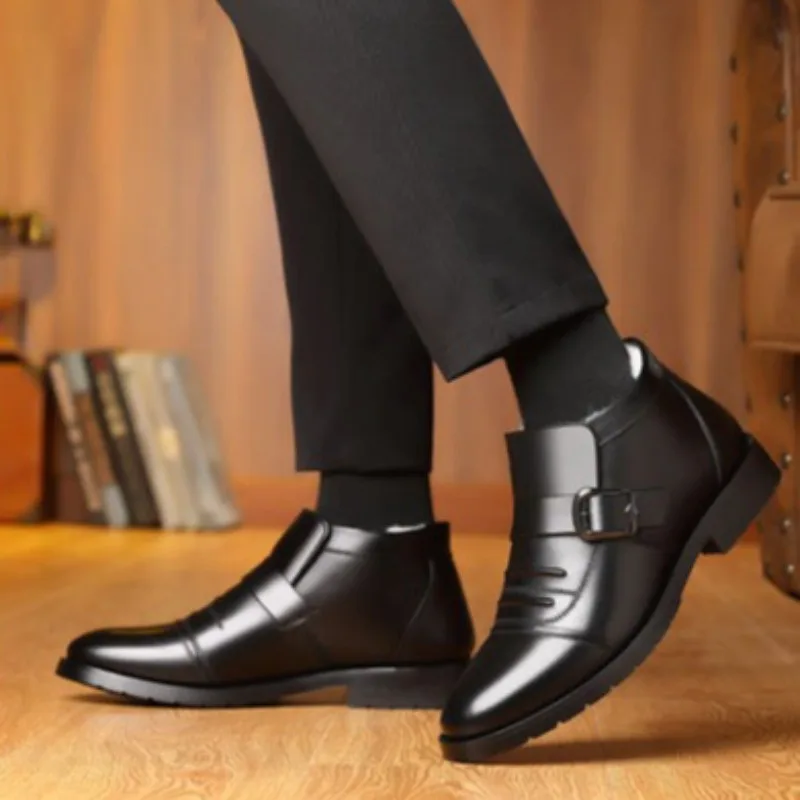 Winter Men's Leather Boots Fashion Business Casual Leather Shoes Thick Plush Warm Snow Boots for Men Winter Ankle Cotton Booties