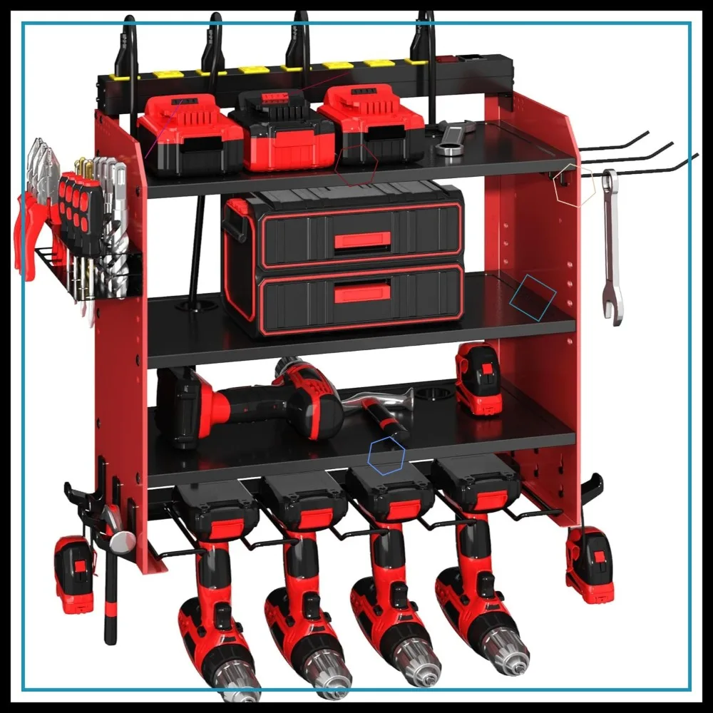 

Настенный органайзер для инструментов повышенной прочности с зарядной станцией - регулируемый держатель для дрелей для гаража и мастерской, подарок на День отца