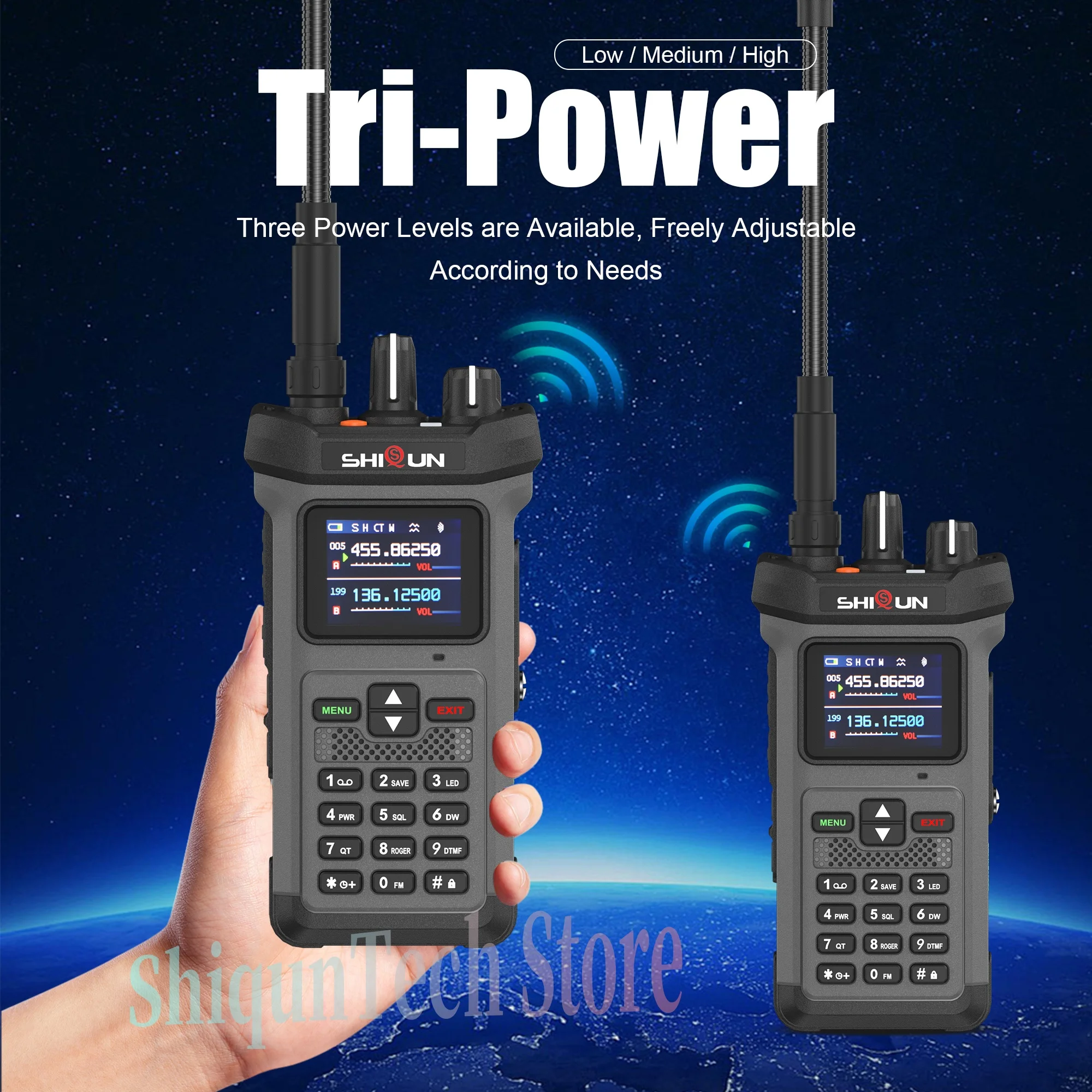 SQ-8500 20W Walkie Talkie ad alta potenza AI Riduzione del rumore Ricarica inversa Forte torcia elettrica Luci stroboscopiche VHF UHF Radio dual band
