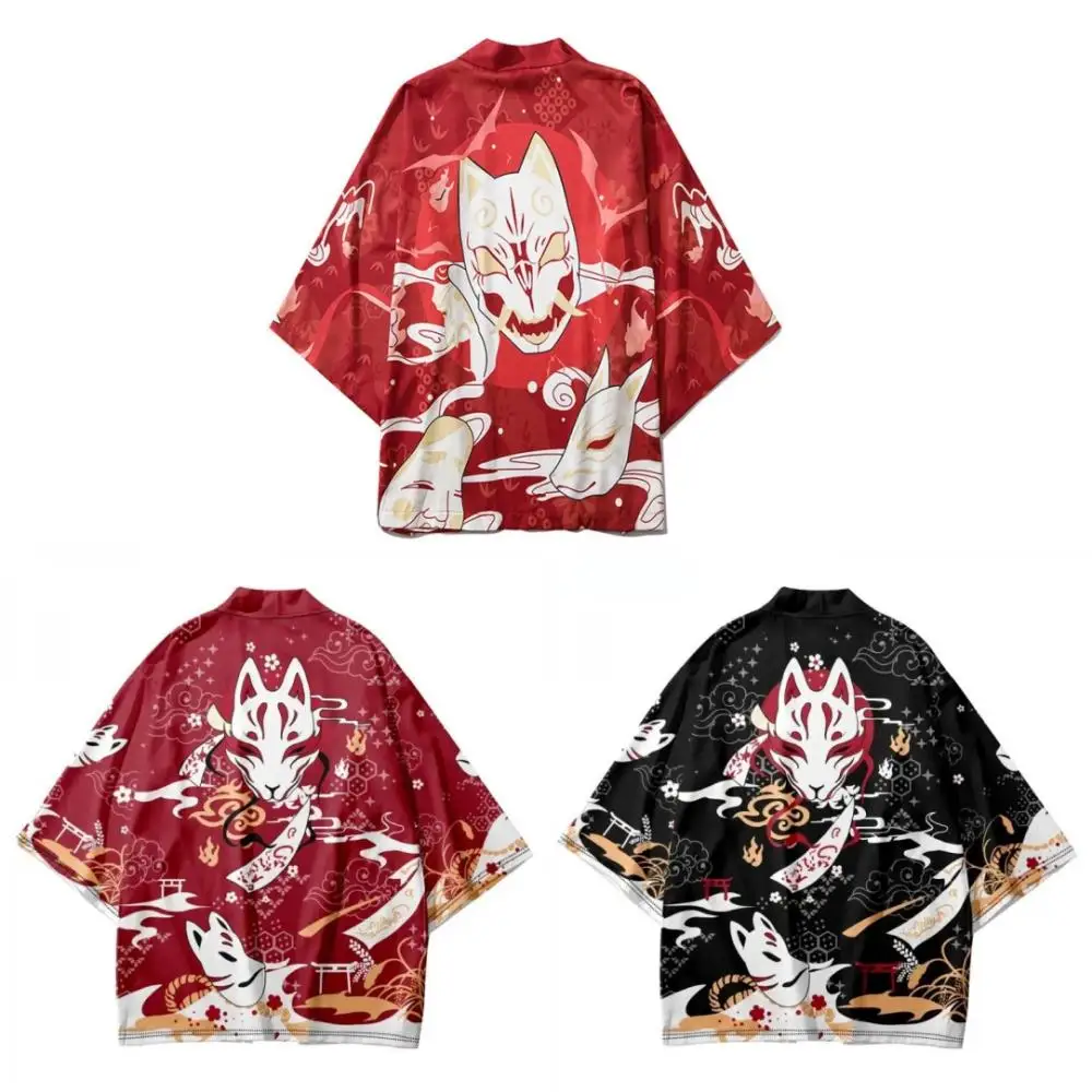 Japanese Sakura Inari Fox Kimono for Men and Women, Asian Clothes, Yukata Haori, Traditional Kimonos, Plus Size, Fox Mask Print