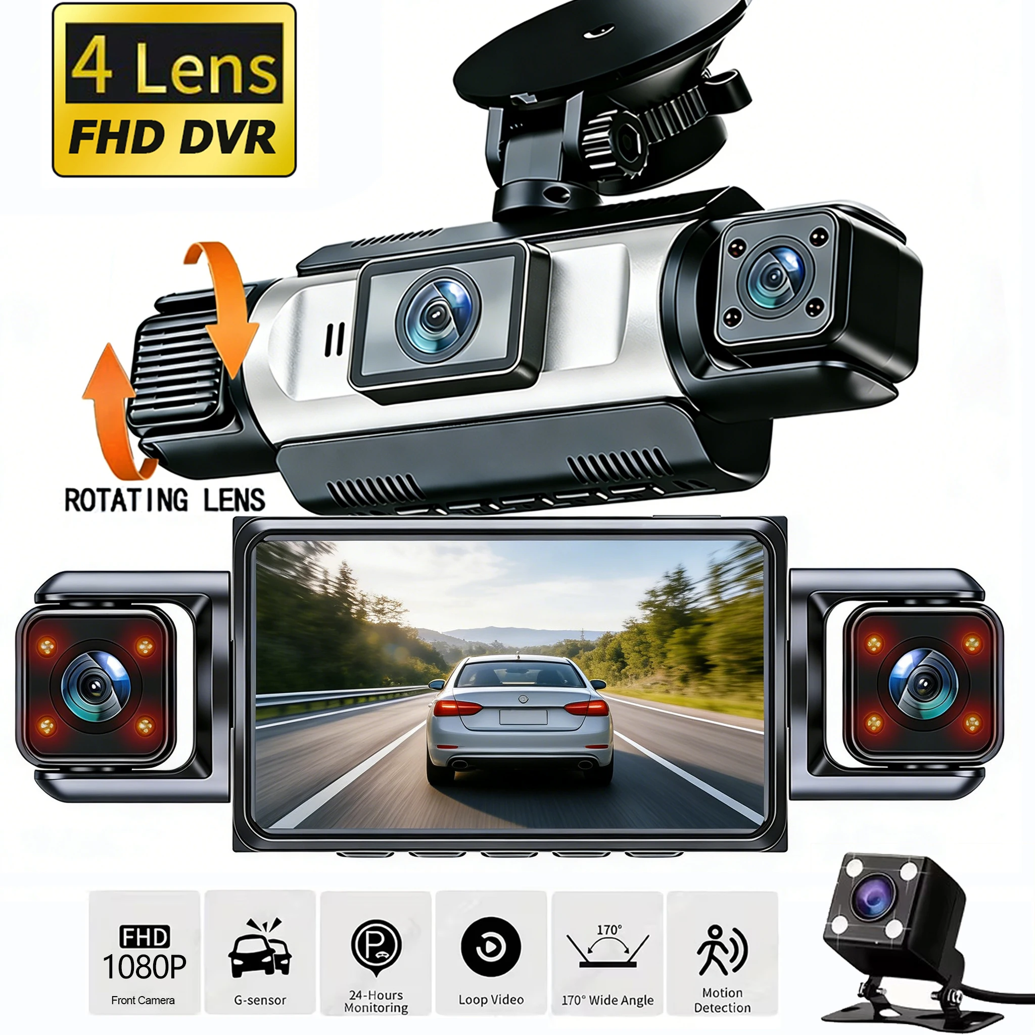 4 Channel Dash Cam 360° View 1080P+720P Left Right Rear 8 IR Lamps Night Vision  G-Sensor Parking Mode Loop Recording