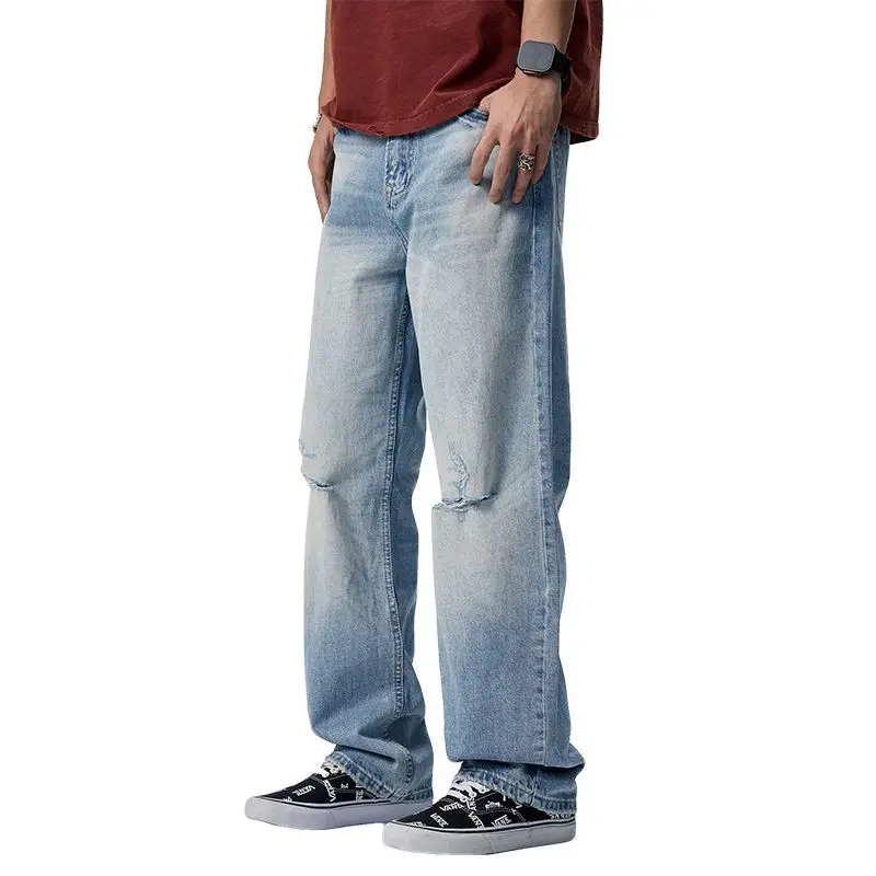 American style ripped jeans men's 2025 spring/summer light blue loose straight leg wide leg beggar long pants jeans for men